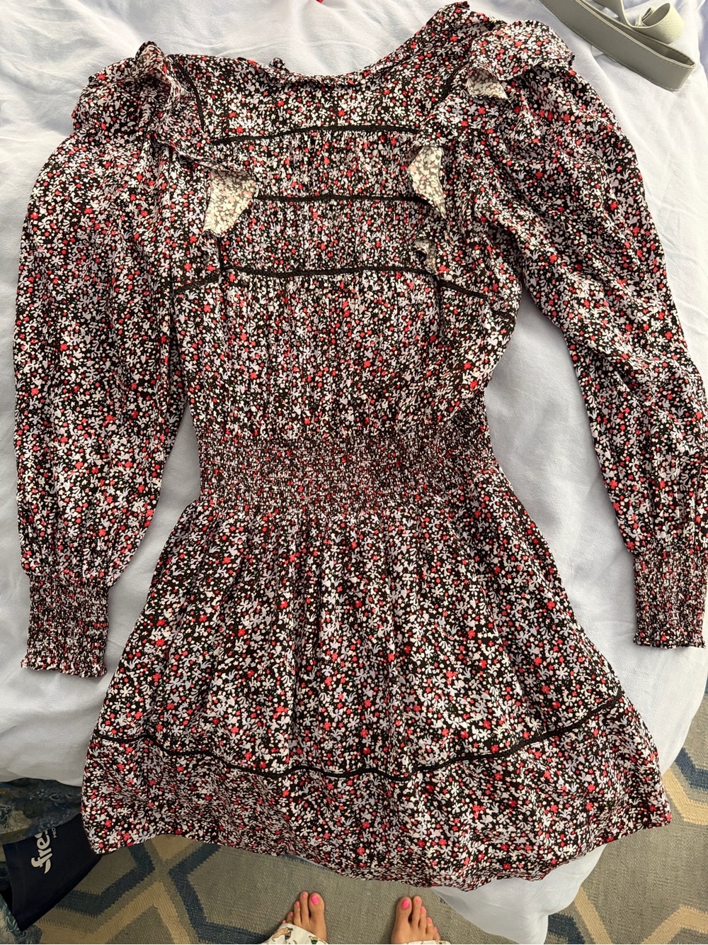 Rails Red, Black & White Floral Smocked Long-Sleeve Mini Dress
